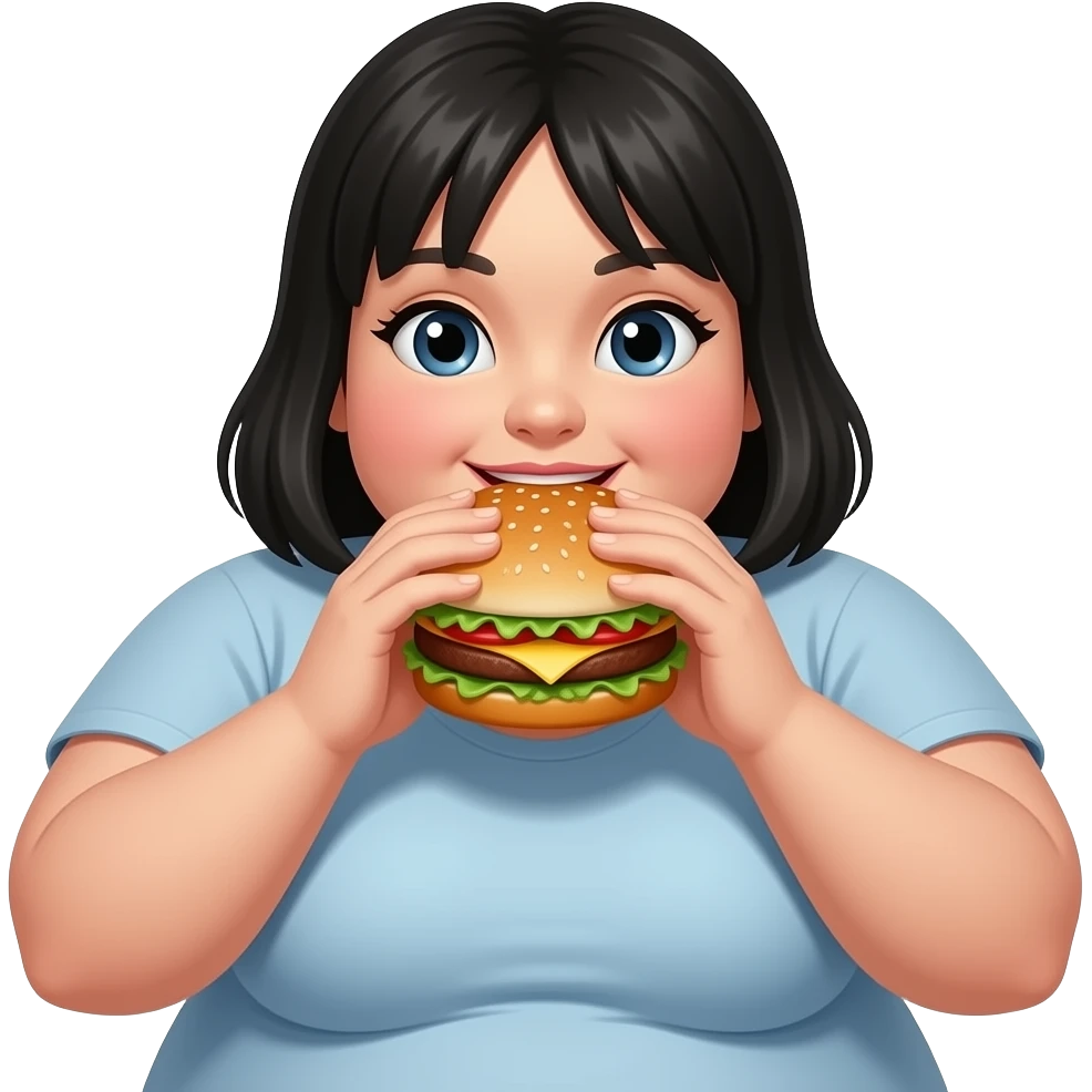 mujer muy gorda con pelo negro y comiendo hamburguesa emoji