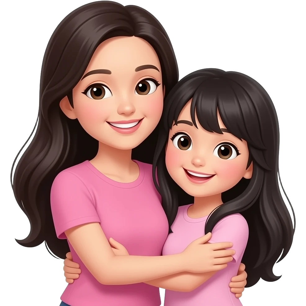 Mother and daughter long black hair smiling hugging wearing pink emoji