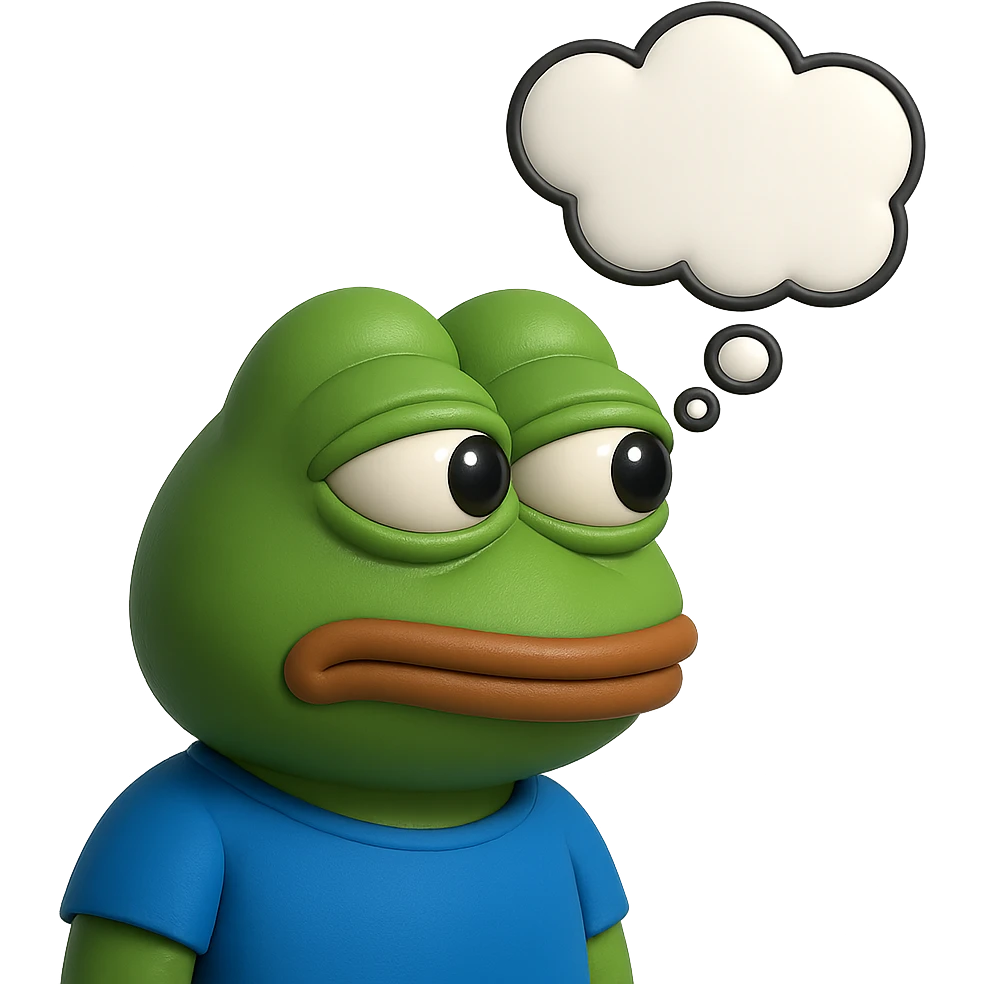 make a pepe with thought bubble looking at left side in 3d style, good highlights and shadows, drop shadows  emoji
