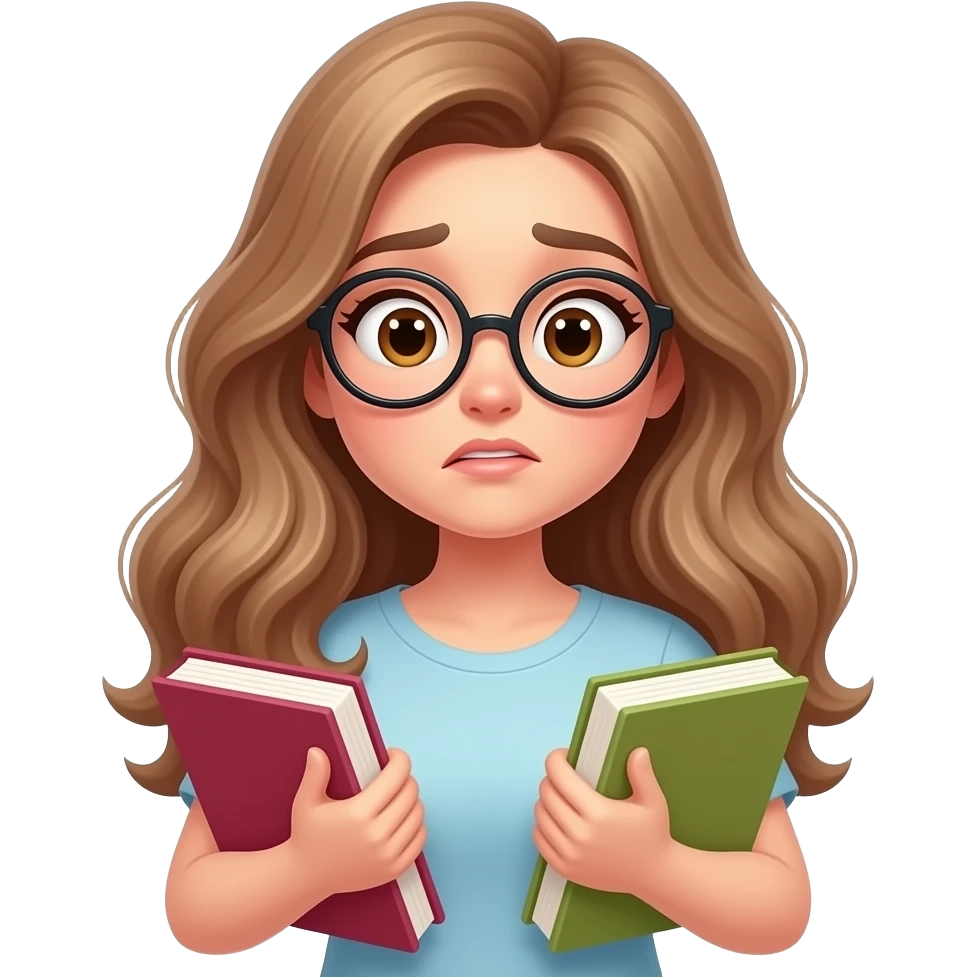 detailed emoji illustration of a curvy woman with long light brown wavy hair, light brown eyes and round glasses holding two books and looking confused, choosing her next read, cute emoji style emoji