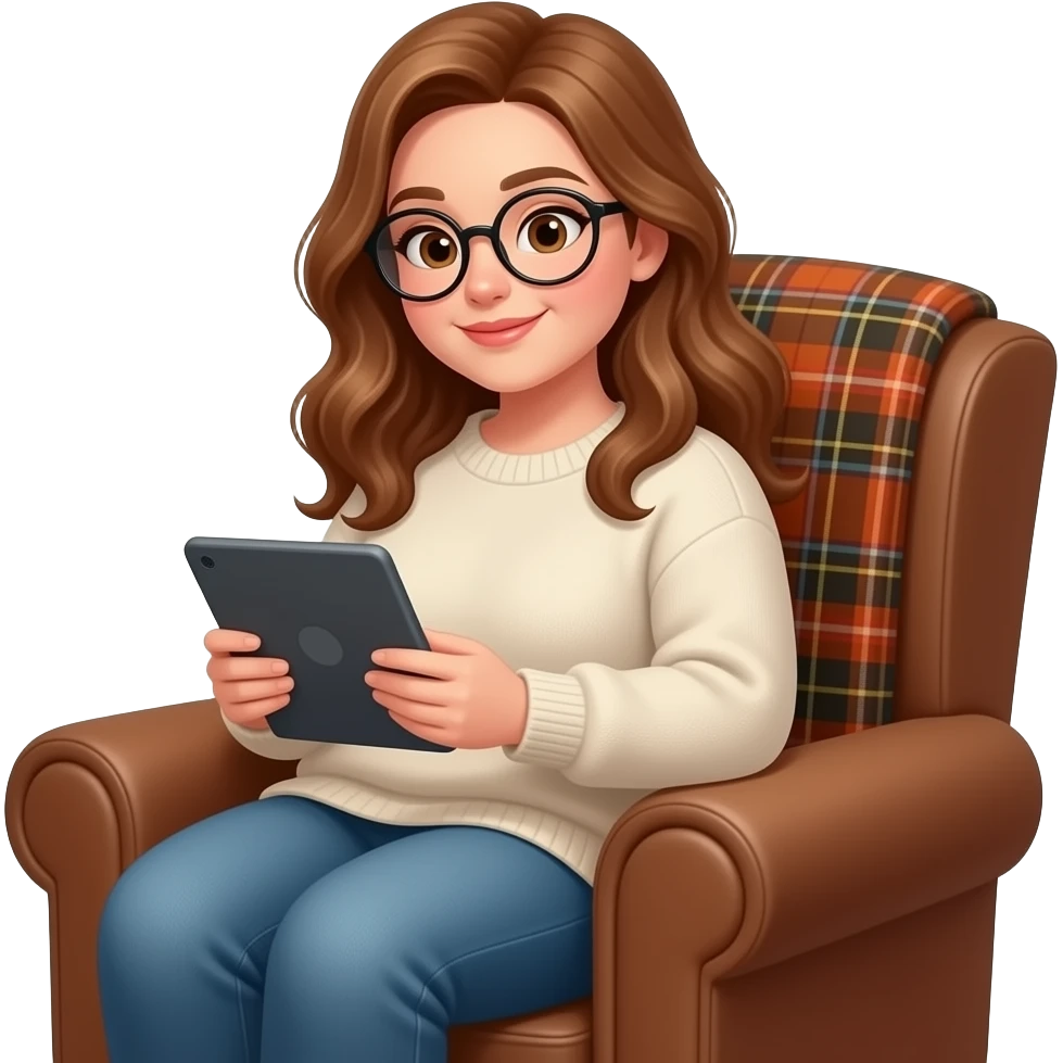 detailed emoji illustration of a curvy woman with long light chestnut brown wavy hair, light brown eyes and round glasses sitting in a brown armchair with a planket scottish pattern in the back while reading on an e-reader tablet, cozy reading atmosphere, cute emoji style emoji