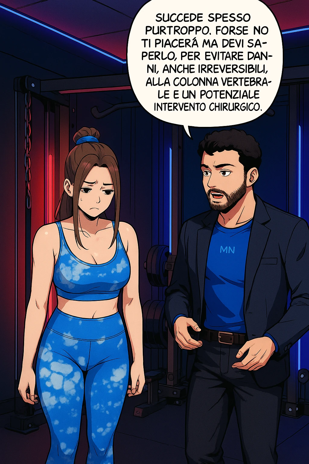 fai questa immagine in versione fumetto/manga/webtoon a colori, il manga mostra l'uomo che risponde alla donne:
Succede spesso purtroppo. 
Forse non ti piacerà ma devi saperlo, per evitare danni, anche irreversibili, alla colonna vertebrale e un potenziale intervento chirurgico. emoji