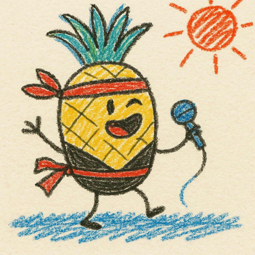 a pineapple singing in Hawaii, wearing a ninja costume, playful illustration emoji