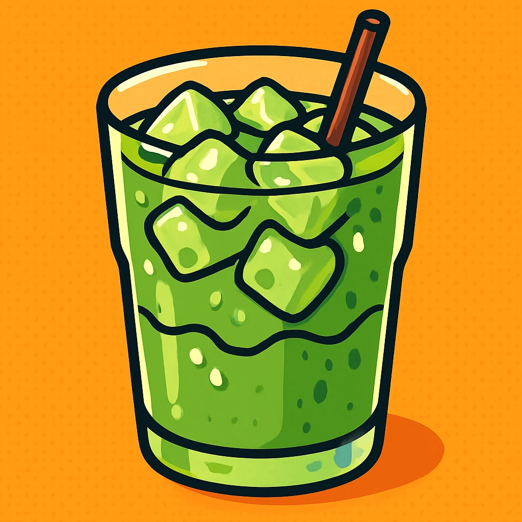 iced matcha latte in a clear glass with ice cubes, vibrant green color, condensation on the glass, modern aesthetic emoji