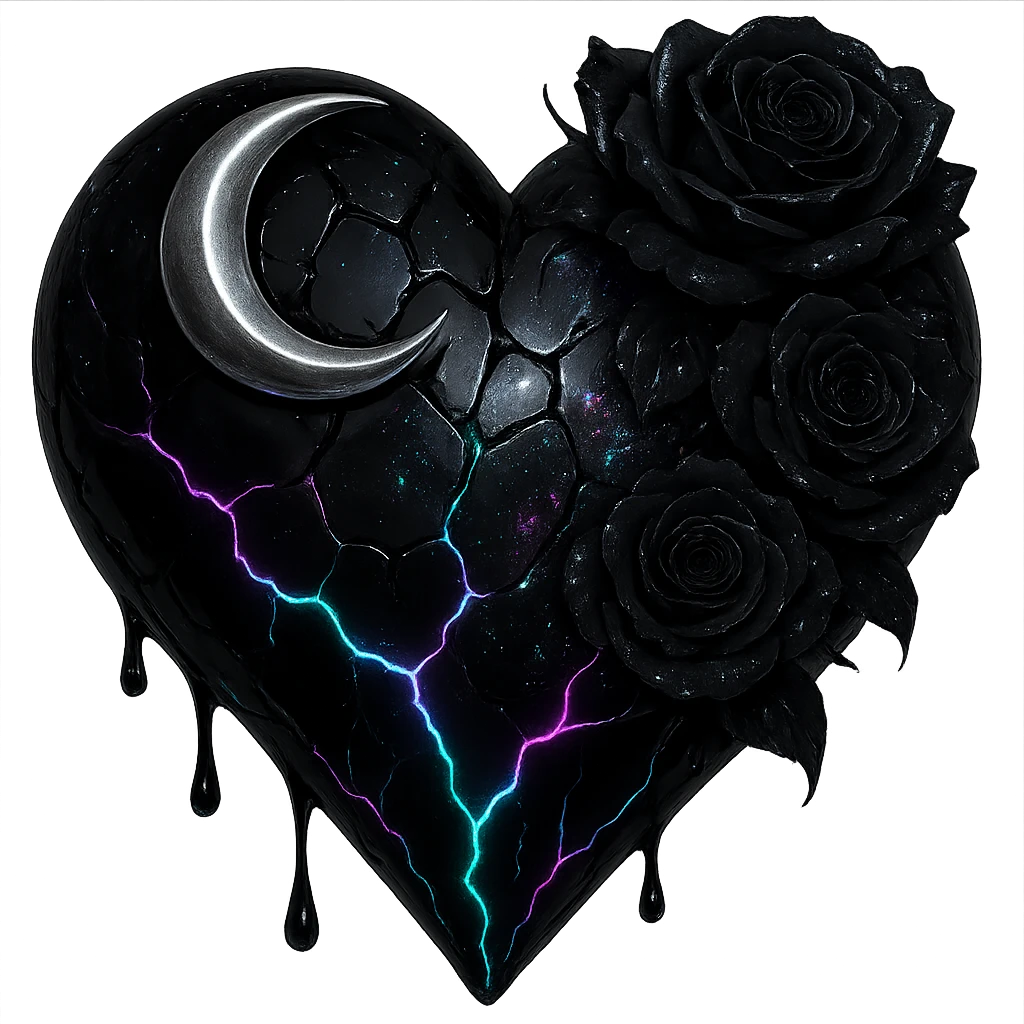 Edit the gothic heart to use fractured deep black glass, silver crescent moon, black roses, iridescent holographic stardust, neon lightning bolts, and a wet, shiny finish. Keep the background transparent. Maintain the gothic heart style and details. emoji
