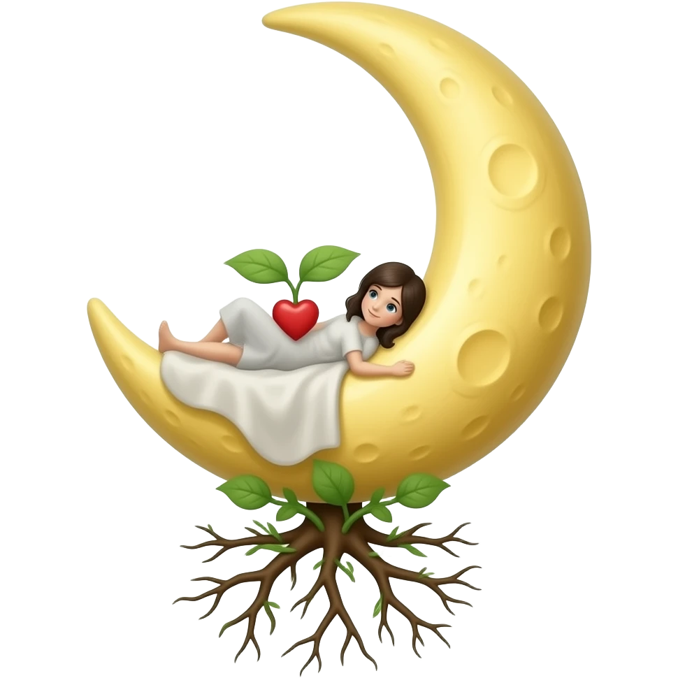 Heart Root Symbol: Crescent cradling a small heart with roots growing from its base. Meaning: Love anchored in self. emoji