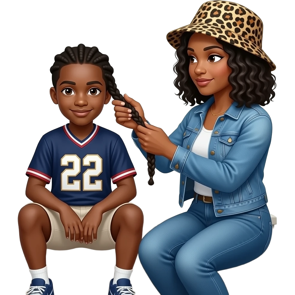 African American teenage boy with braids  sitting on house porch steps wearing a jersey shirt with the number 22 on it, getting his hair he has braided by a African American woman with shoulder length curly black hair wearing a leopard print bucket hat wearing denim jeans and a denim jacket emoji
