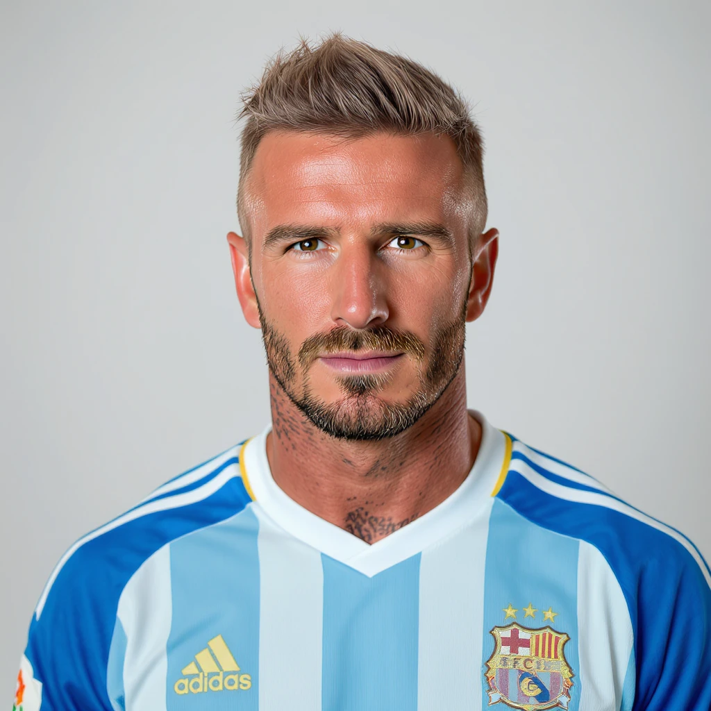 realistic portrait of David Beckham, in a football jersey, short hair, light stubble, confident expression emoji
