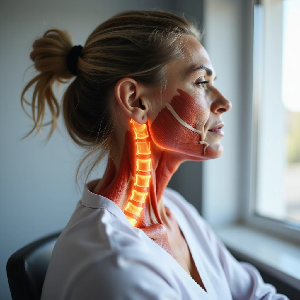 realistic anatomical three-quarter view of a woman with cervical muscle contractures, expression of pain, clinical environment emoji