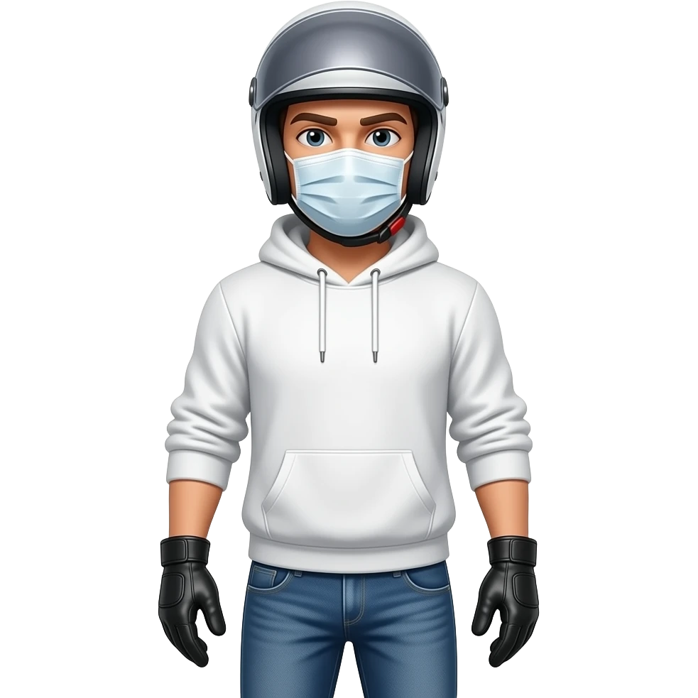 man wearing blue jeans, a white hoodie, black leather gloves, a white helmet with a dark eyes shield and a white mask emoji