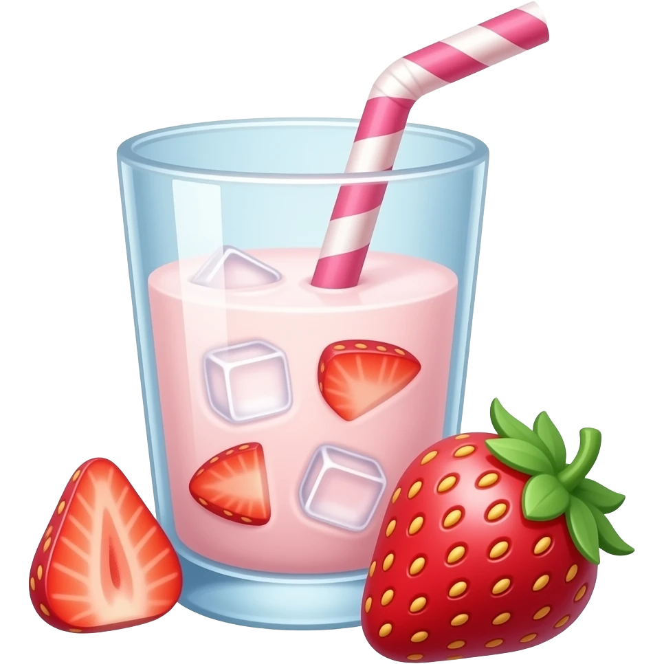 strawberry milk drink emoji, glass of milk with strawberry chunks and ice, soft pink swirl, cute icon style emoji