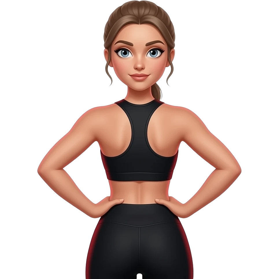 fair-skinned woman, gray-blue eyes, ash brown brows, ash light brown hair tied back, slim athletic body, black workout set, hands on lower back, soft red glow on back, white background emoji