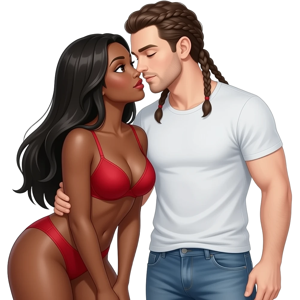 Lightskin black woman with brown eyes & long black straight hair wearing only a sexy red bra bent over having sex with a skinny white man with braids that come down to neck wearing skinny jeans emoji