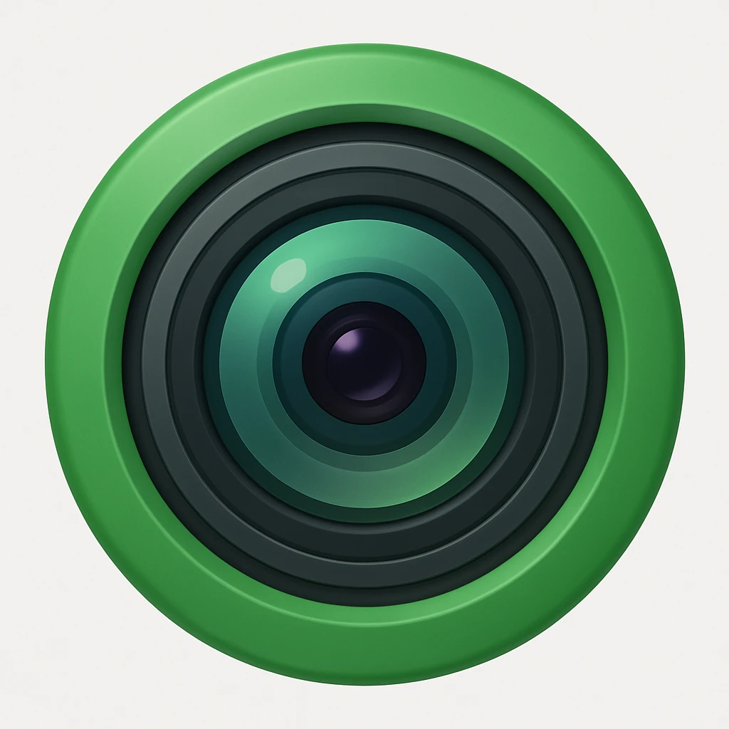 A simple camera lens, apple emoji style, front view, no face, green emoji