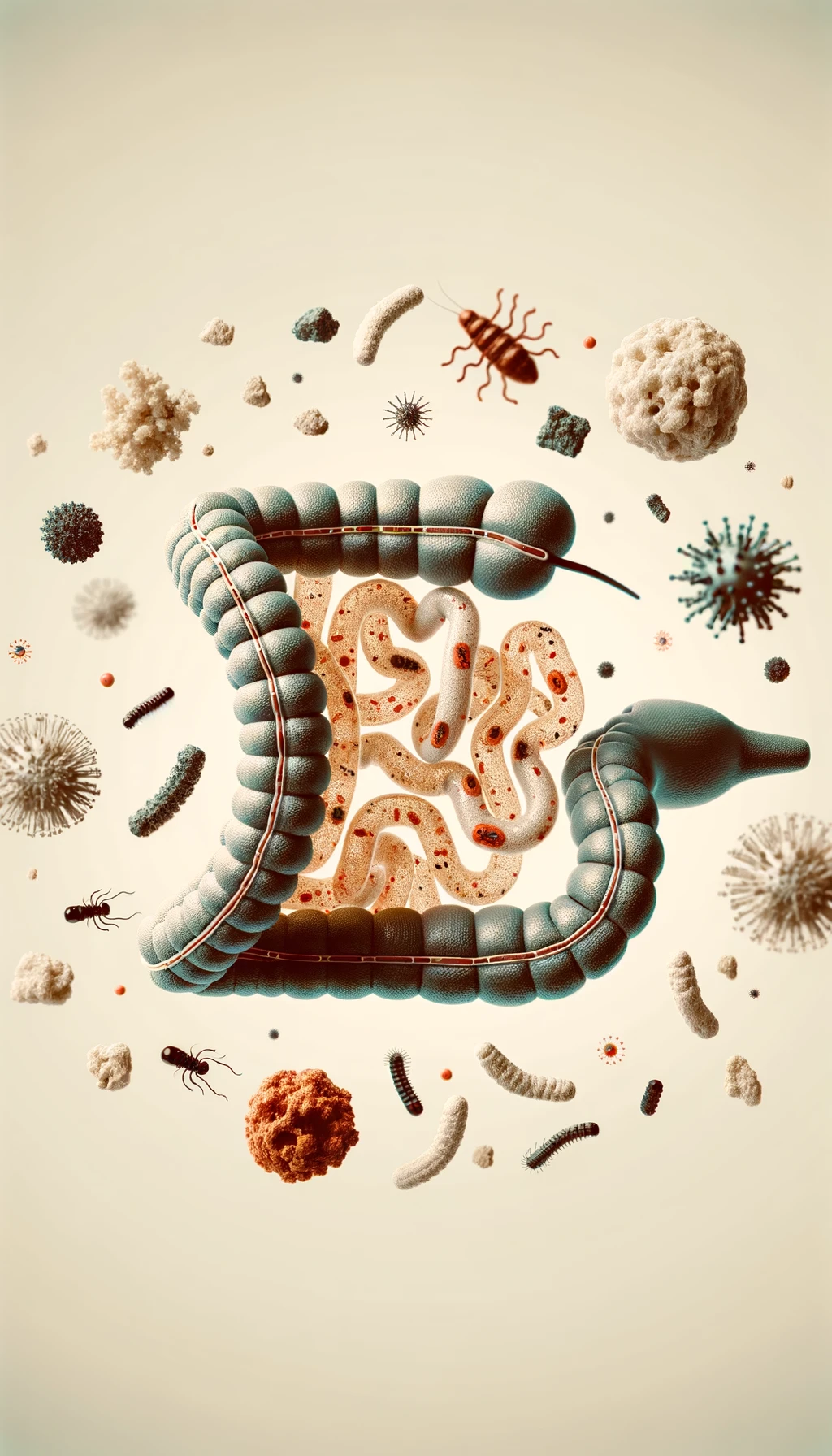 intestino umano anatomico con batteri e parassiti che gli fluttuano dietro, sfondo beige chiaro emoji