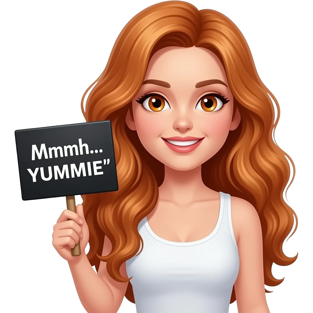sexy girl with long wavy ginger hair and ginger eyes wearing a white tanktop is holding a black colored sign with Mmmh... YUMMIE written on it emoji