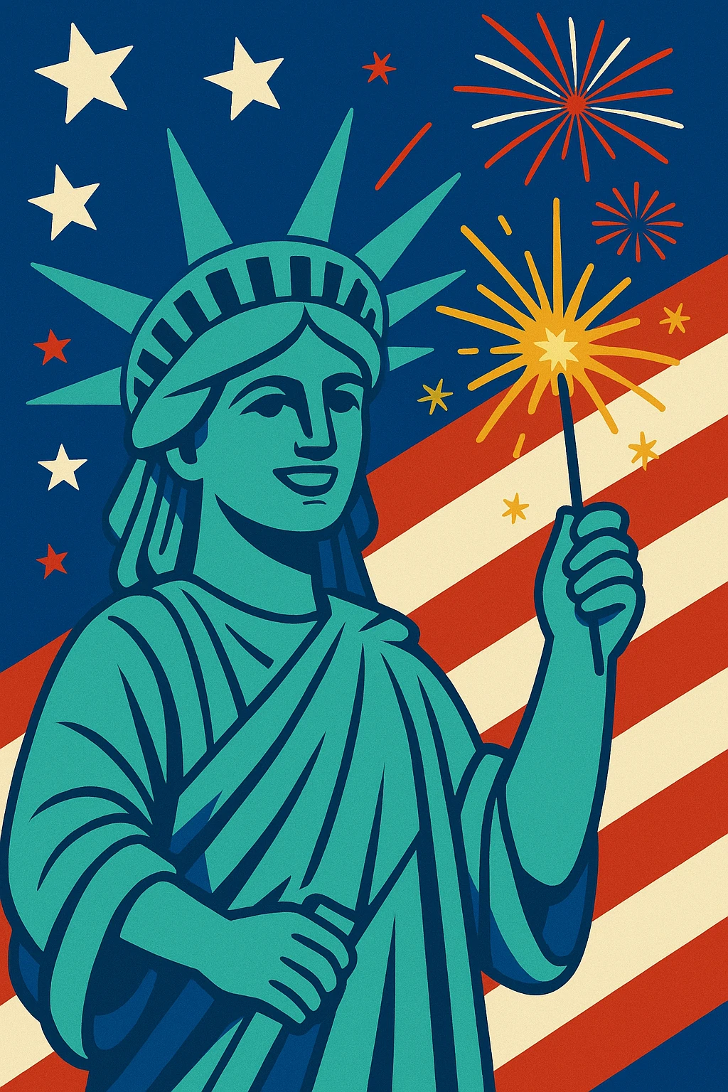 Statue of Liberty holding a sparkler, 4th of July, patriotic, colorful emoji