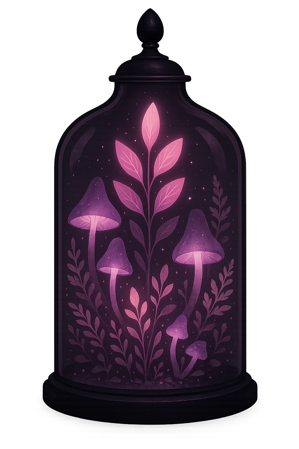 black and pink enchanted terrarium with glowing plants emoji