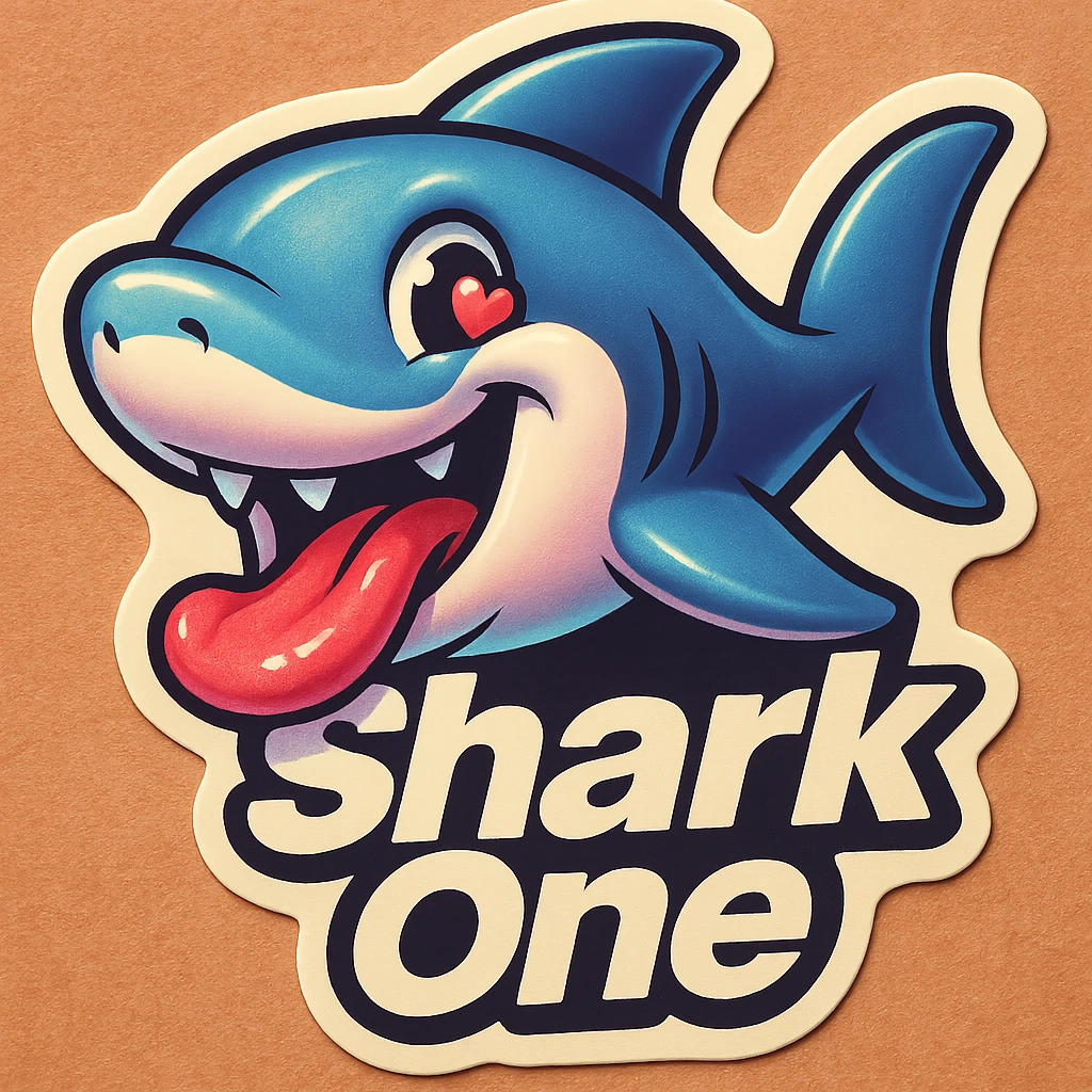 mouth open with tongue out
heart shaped eye
add the words “ Shark One " in White emoji