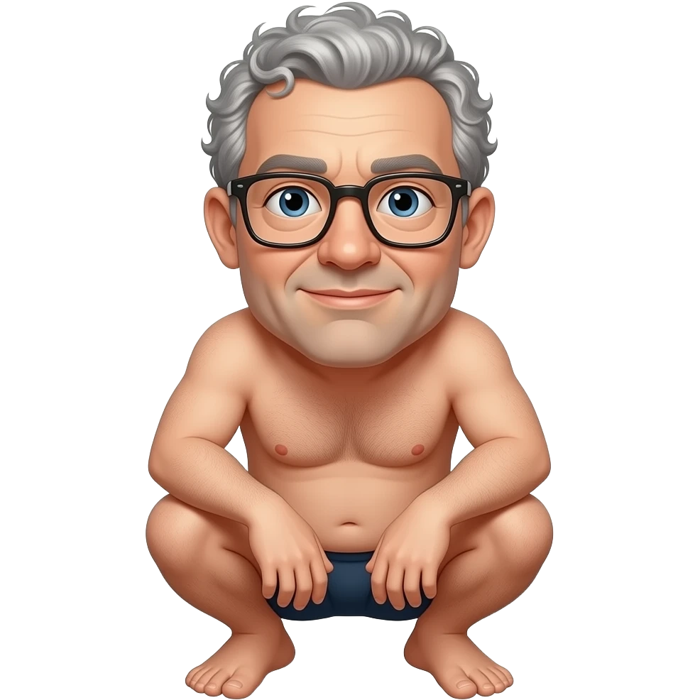 Ugly Guy with grey curly hair bald in the middle and glasses, naked squatting down emoji
