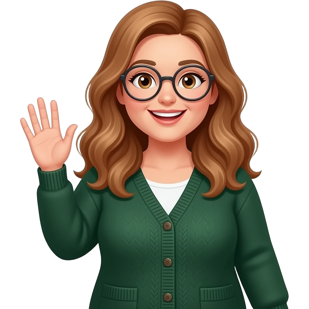 detailed emoji illustration of a curvy woman with long light brown wavy hair, light brown eyes and round glasses waving with one hand, wearing a dark old green cardigan, friendly and cheerful expression, cute emoji style emoji