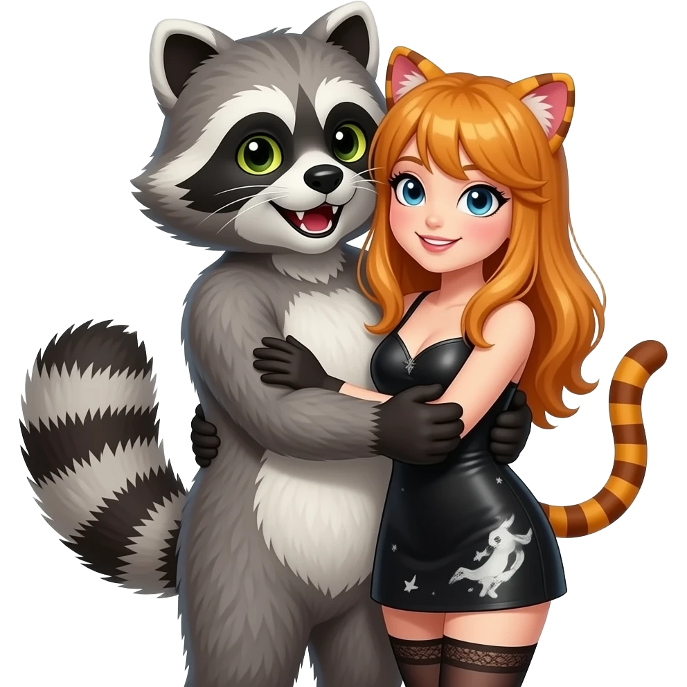 A guy wearing raccoon costume is hugging a sexy, cute, nasty cat costume girl emoji