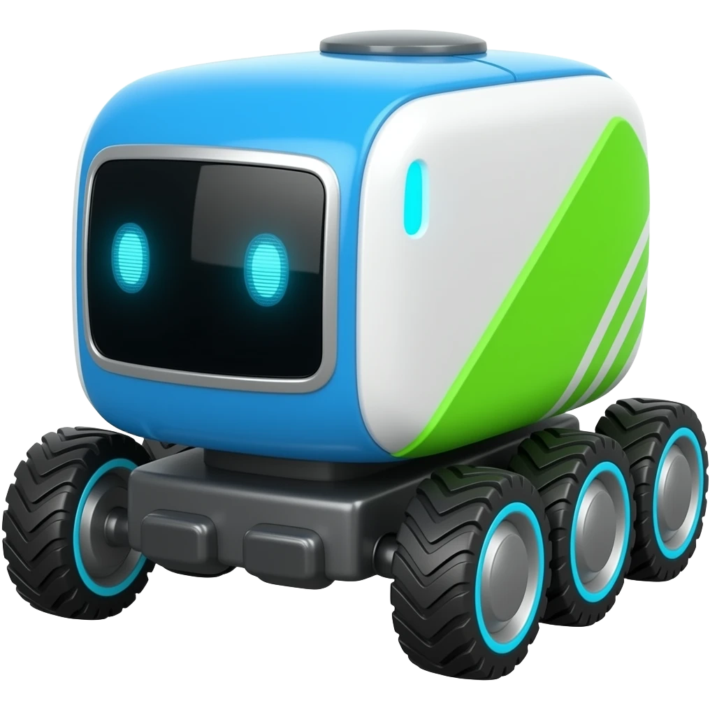 Delivery blue & white & green square with 6 wheels blue led eyes emoji