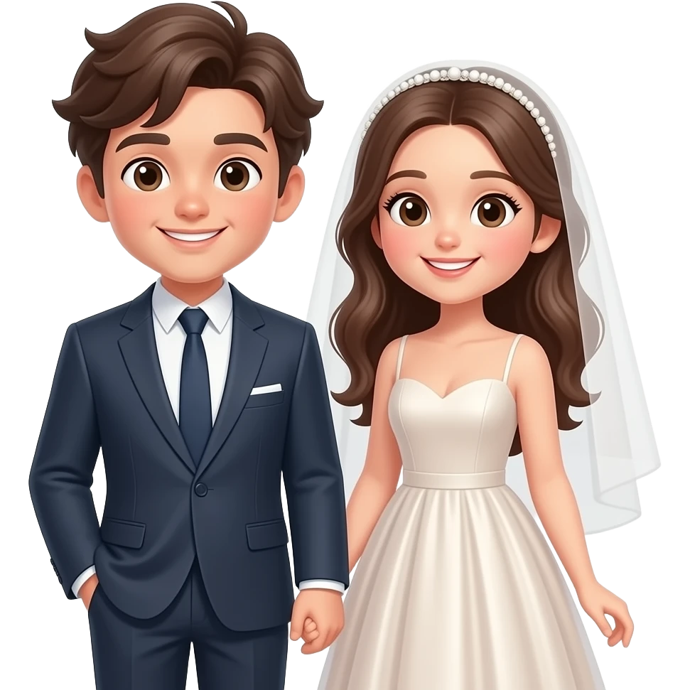 Make an cute couple blown hair ,the boy is wearing suit and the girl is wearing a big gown full head to toes emoji