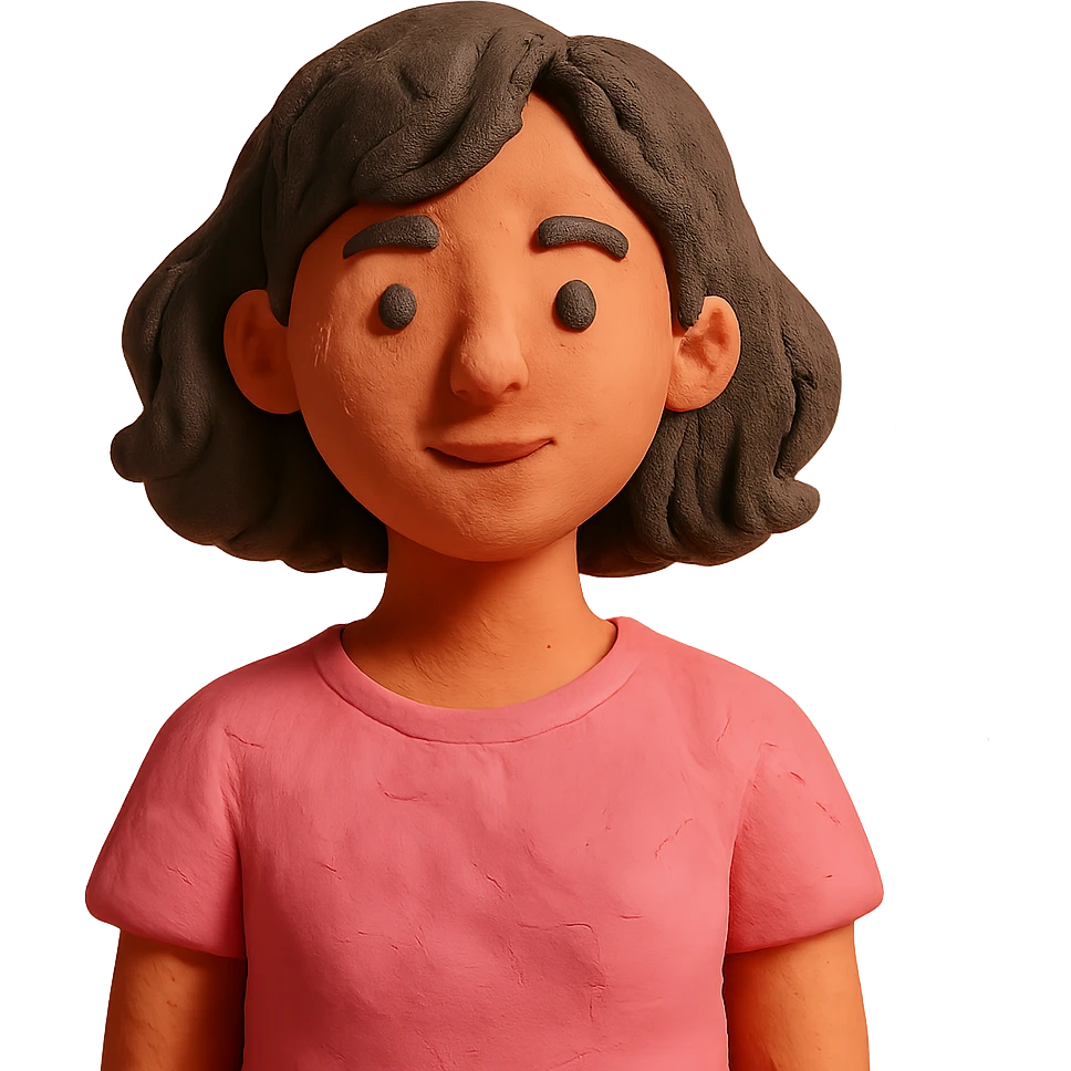 young brunette woman with short wavy hair to shoulders, wearing a pink t-shirt emoji