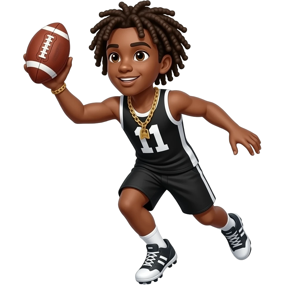 Brown skin teenager with football cleats with dreads with a black white tank top and black shorts and gold chain #11 catching a football emoji