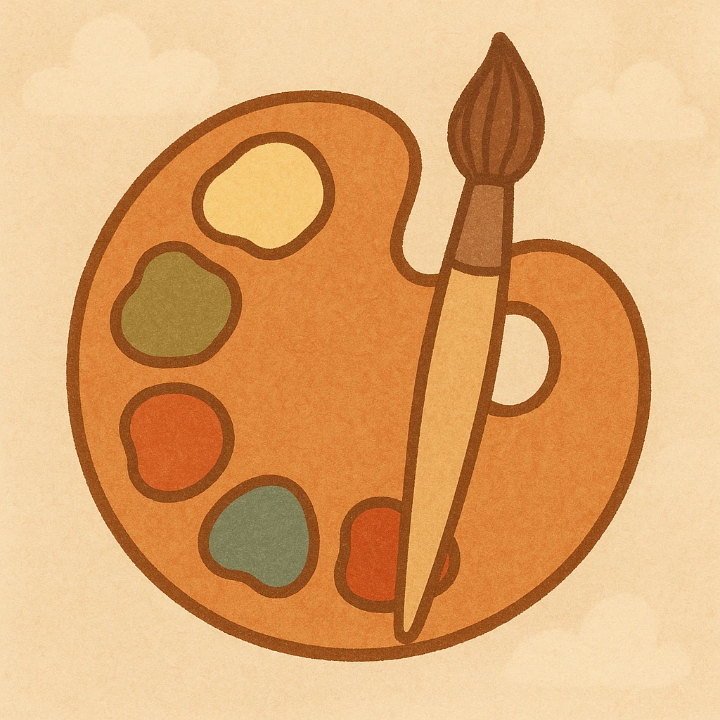 a painter's palette with a brush and colorful paint, symbolizing artistic creation, flat warm colors style emoji