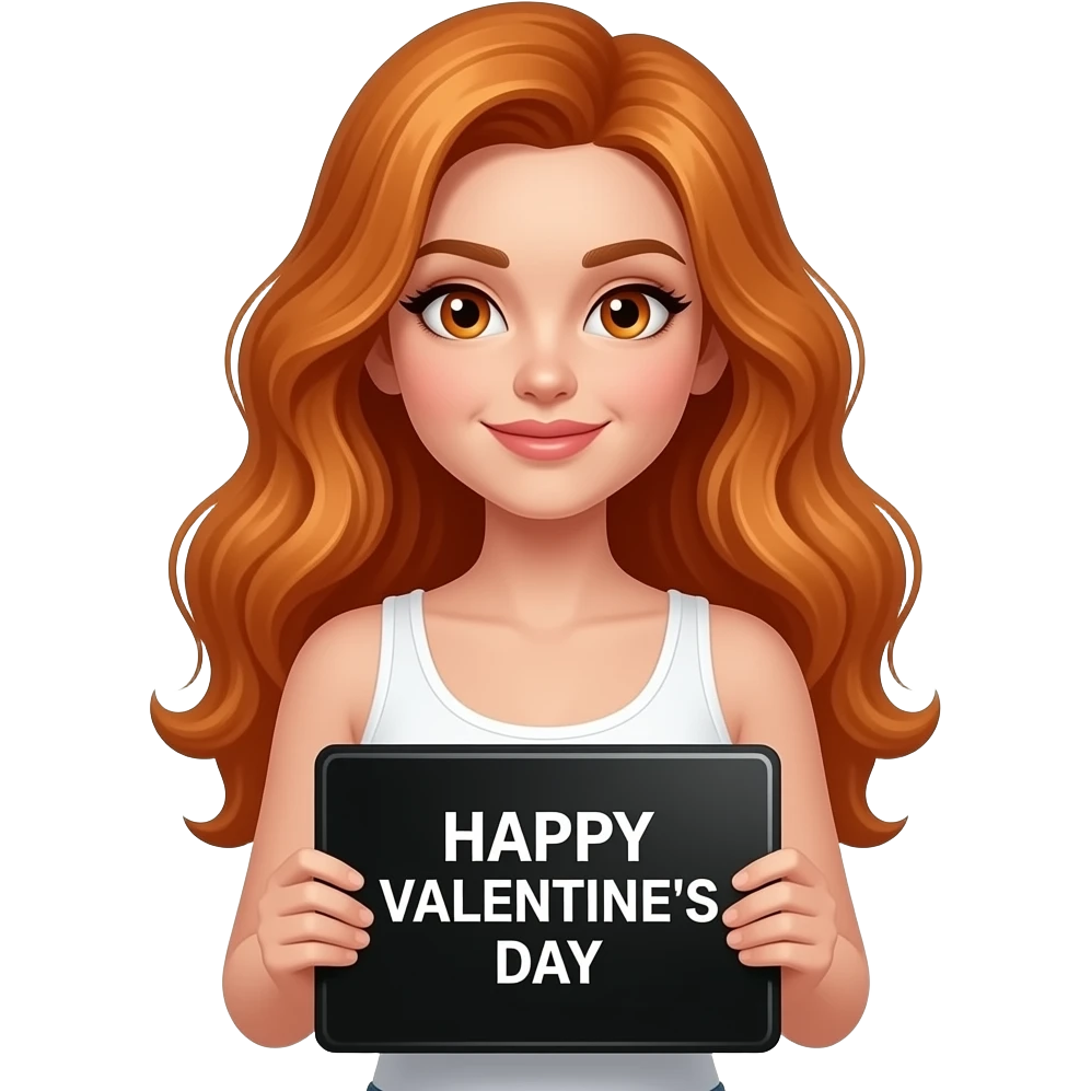 sexy girl with long wavy ginger hair and ginger eyes wearing a white tanktop is holding a black colored sign with HAPPY VALENTINE'S DAY written on it emoji