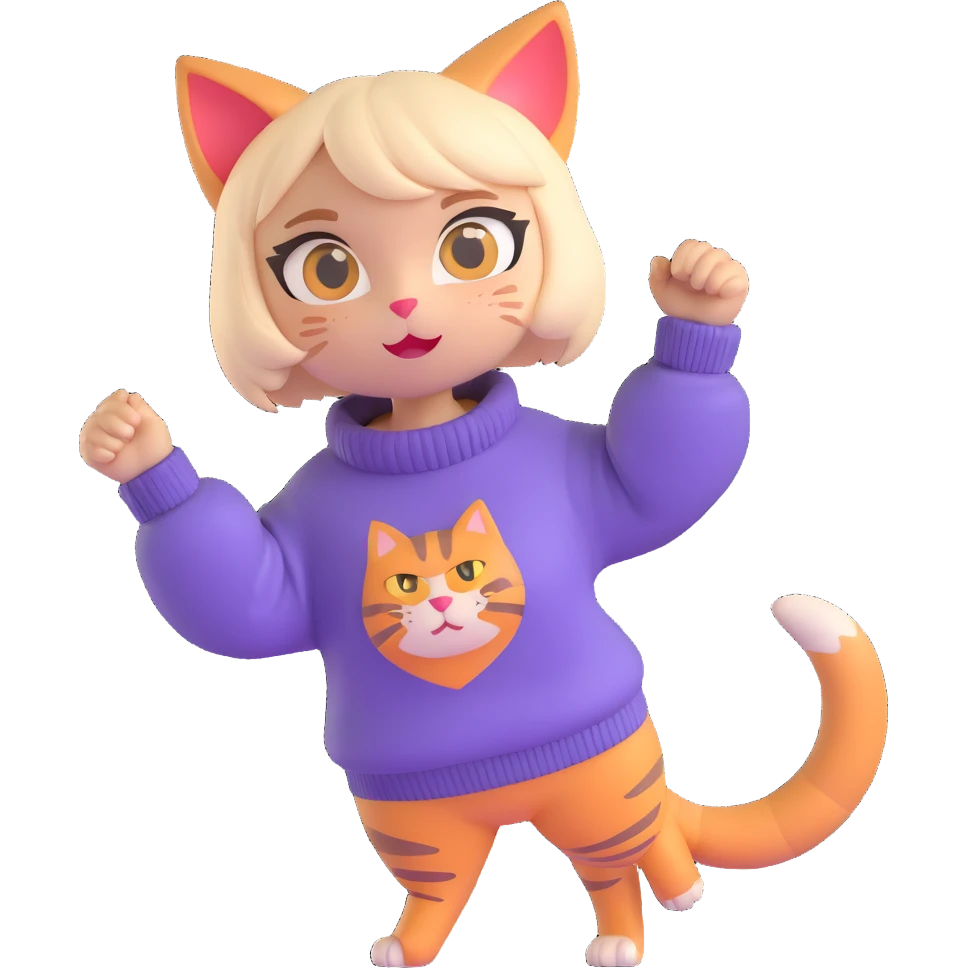 cute 3D cat girl, short hair, energetic pose, oversized sweater, bright eyes, playful vibe emoji