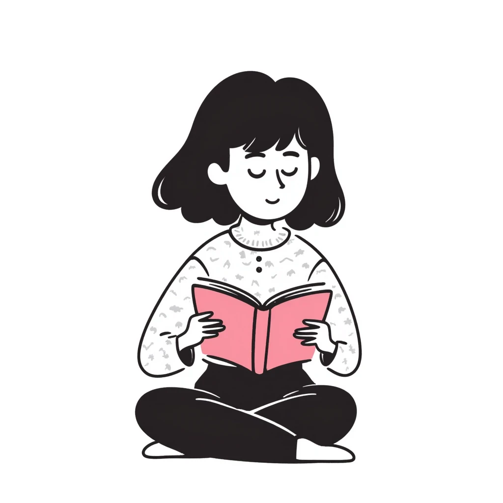 girly character with brown soft curly hair reading a pink book emoji