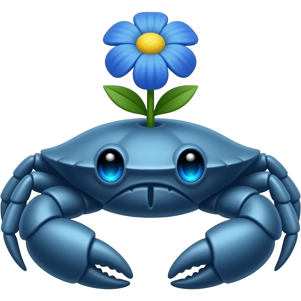 A blue crab with one blue flower a on its growing on its back with glowing blue eyes facing forward emoji