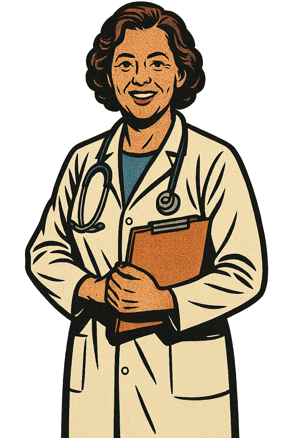 A full body image of a caring middle aged female doctor with a stethoscope holding a note pad emoji