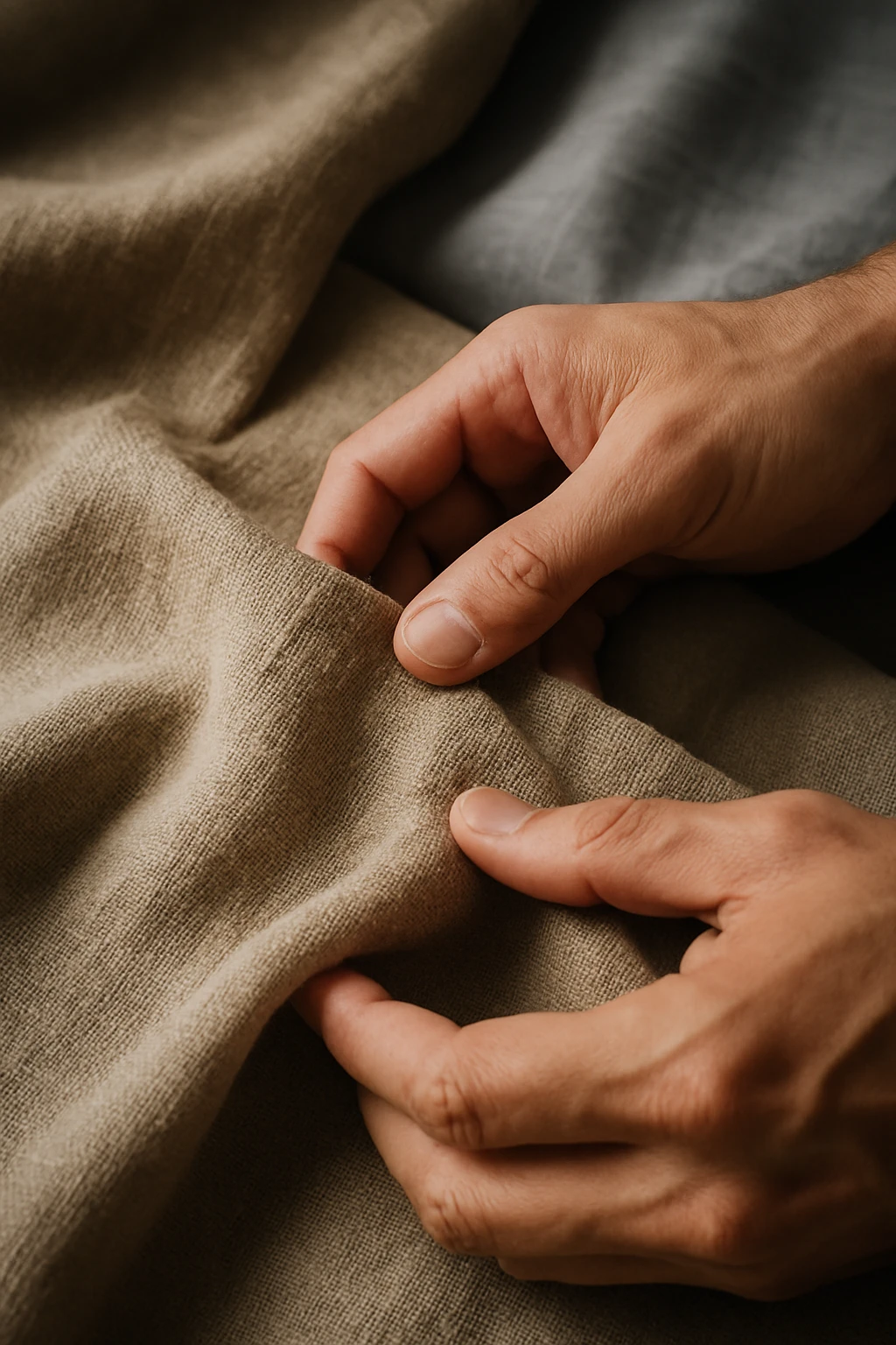 Primo piano di mani che toccano tessuto di lino grezzo, texture naturale dettagliata, colori puri e genuini, luce che rivela la bellezza delle imperfezioni naturali, mentre i sintetici appaiono artificiali e freddi in secondo piano emoji