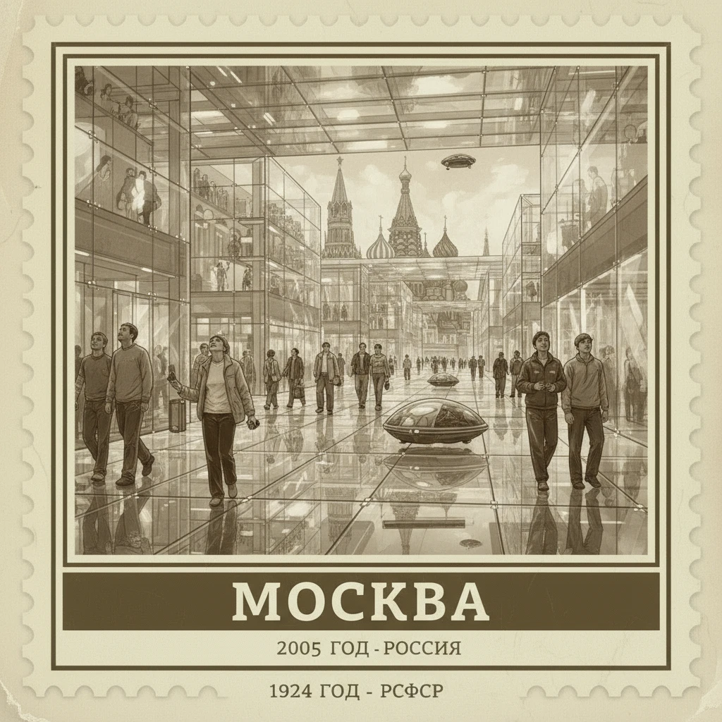 Полностью стеклянная улица в Москве, по которой гуляют люди, машин нет. 2005 год.

Стиль - фотореализм.

Стилизуй под марку с фото emoji