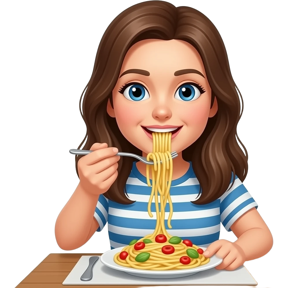 Az arca ne gyerekes legyen hosszú barna haja legyen és az asztalnál egyen spagettit emoji