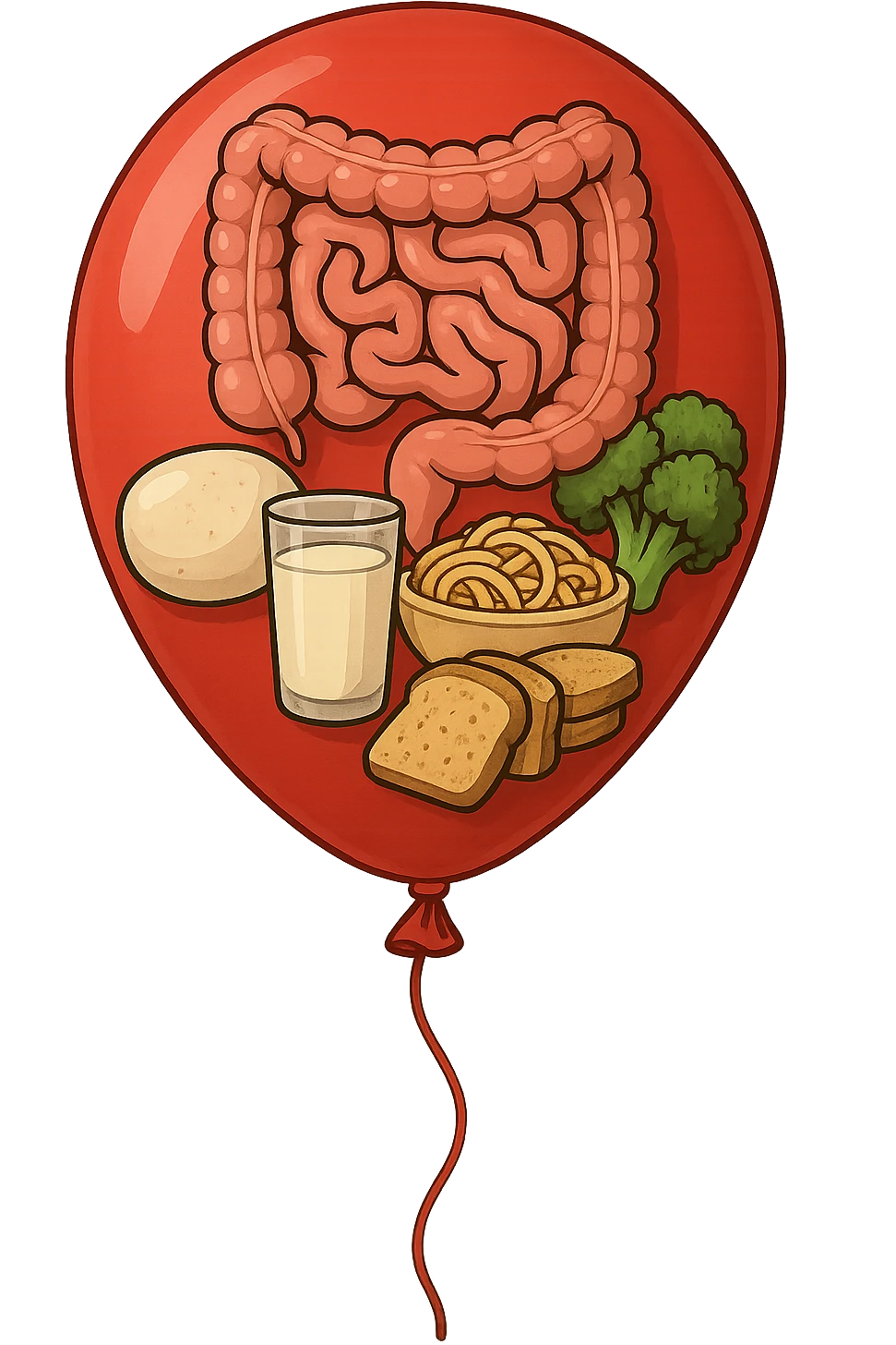 PALLONCINO ROSSO CON DENTRO UN INTESTINO UMANO, UNA MOZZARELLA, UN BICCHIERE DI LATTE, UNA BOWL DI PASTA, QUALCHE BROCCOLO, QUALCHE FETTINA DI PANE emoji