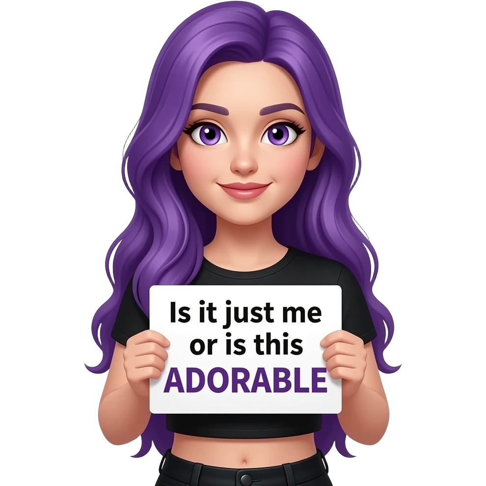 sexy girl with long purple hair and purple eyes holding a Is it just me or is this ADORABLE sign emoji