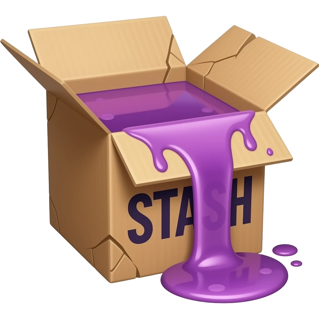a box with purple syrup flowing out of it and a large inscription on the box saying "STASH" emoji