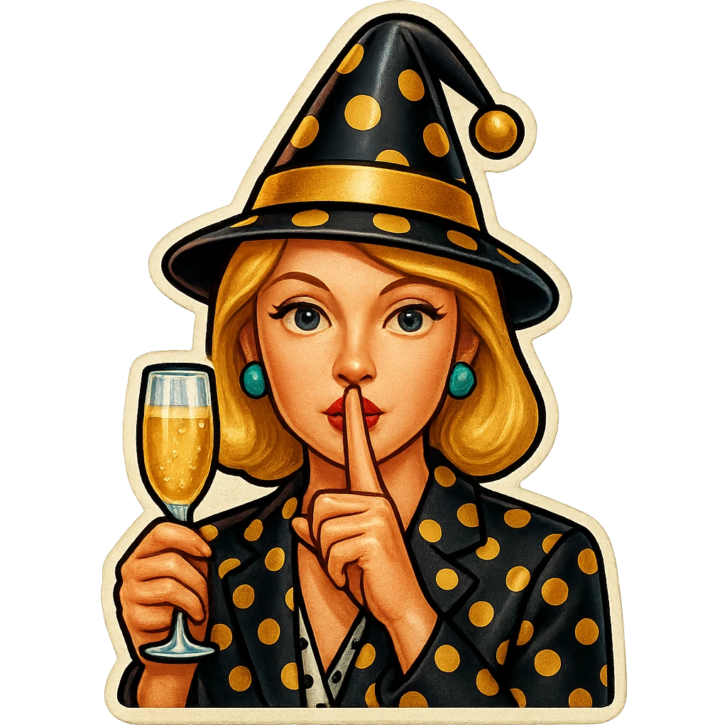 Add a finger in front of the pursed lips to clearly show the shushing gesture, keeping the polka dot party hat and celebratory mood, no background. emoji