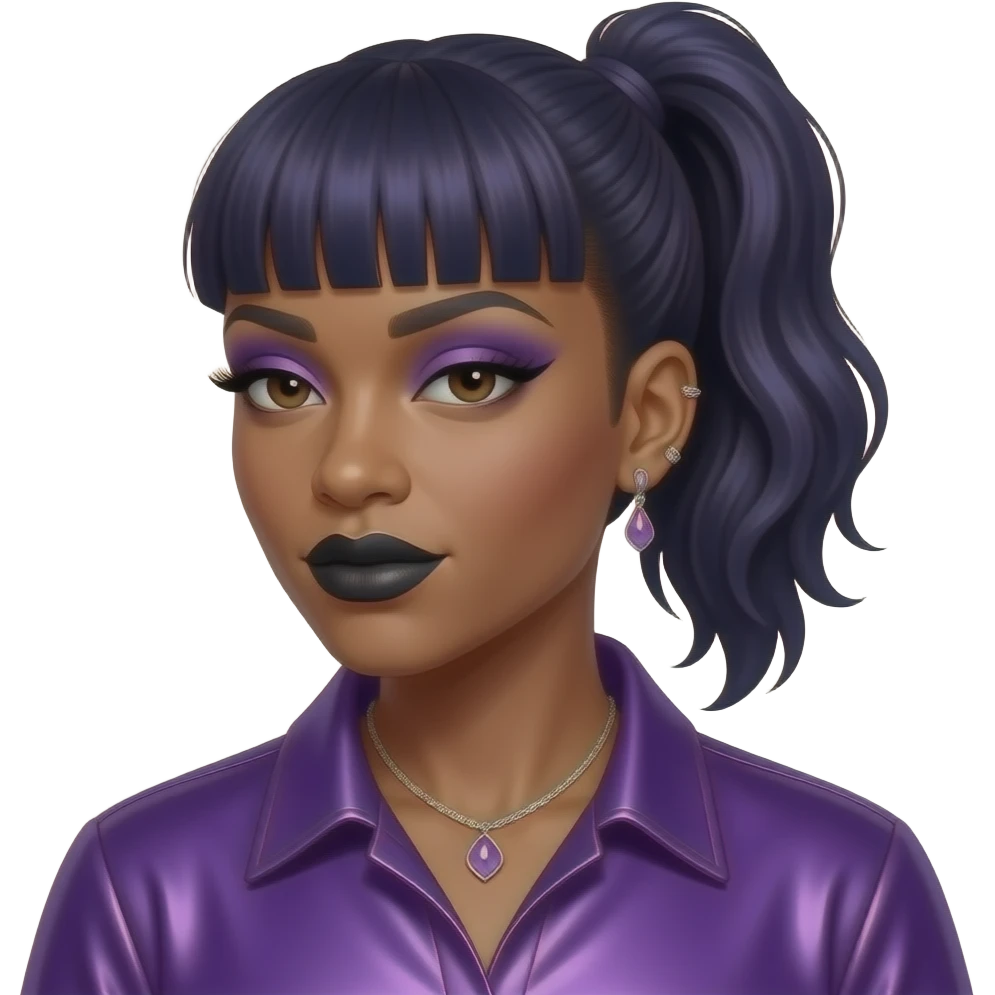 Missy Elliott with dark skin, dark brown eyes, long dark indigo high ponytail hair with bang, purple eyeshadow, black lipstick, purple metallic shirt, lilac necklace and earrings emoji