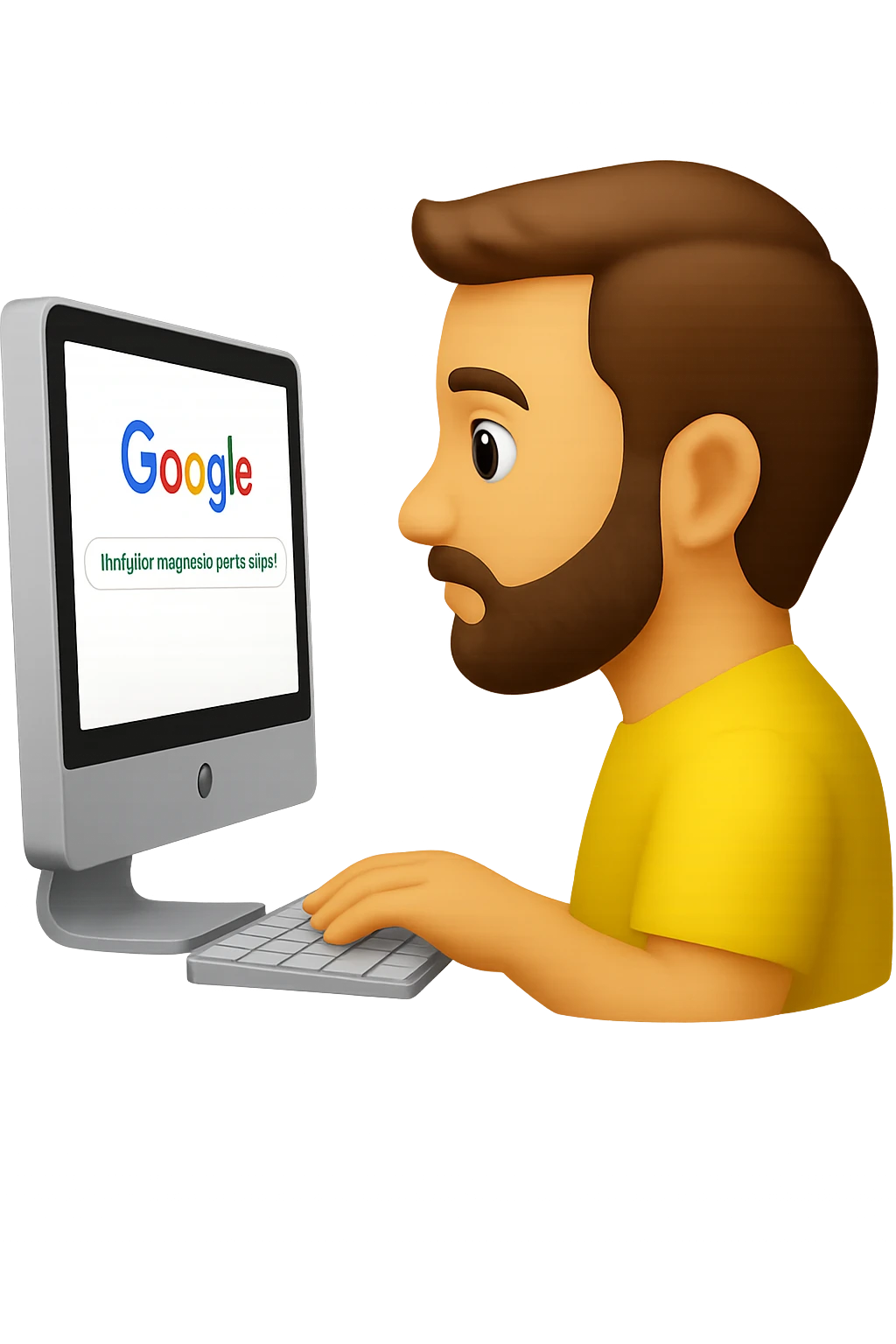 emoji stile iphone di un uomo davanti al pc che cerca di google: "Il miglior magnesio per la stipsi", iperrealistico 4k emoji