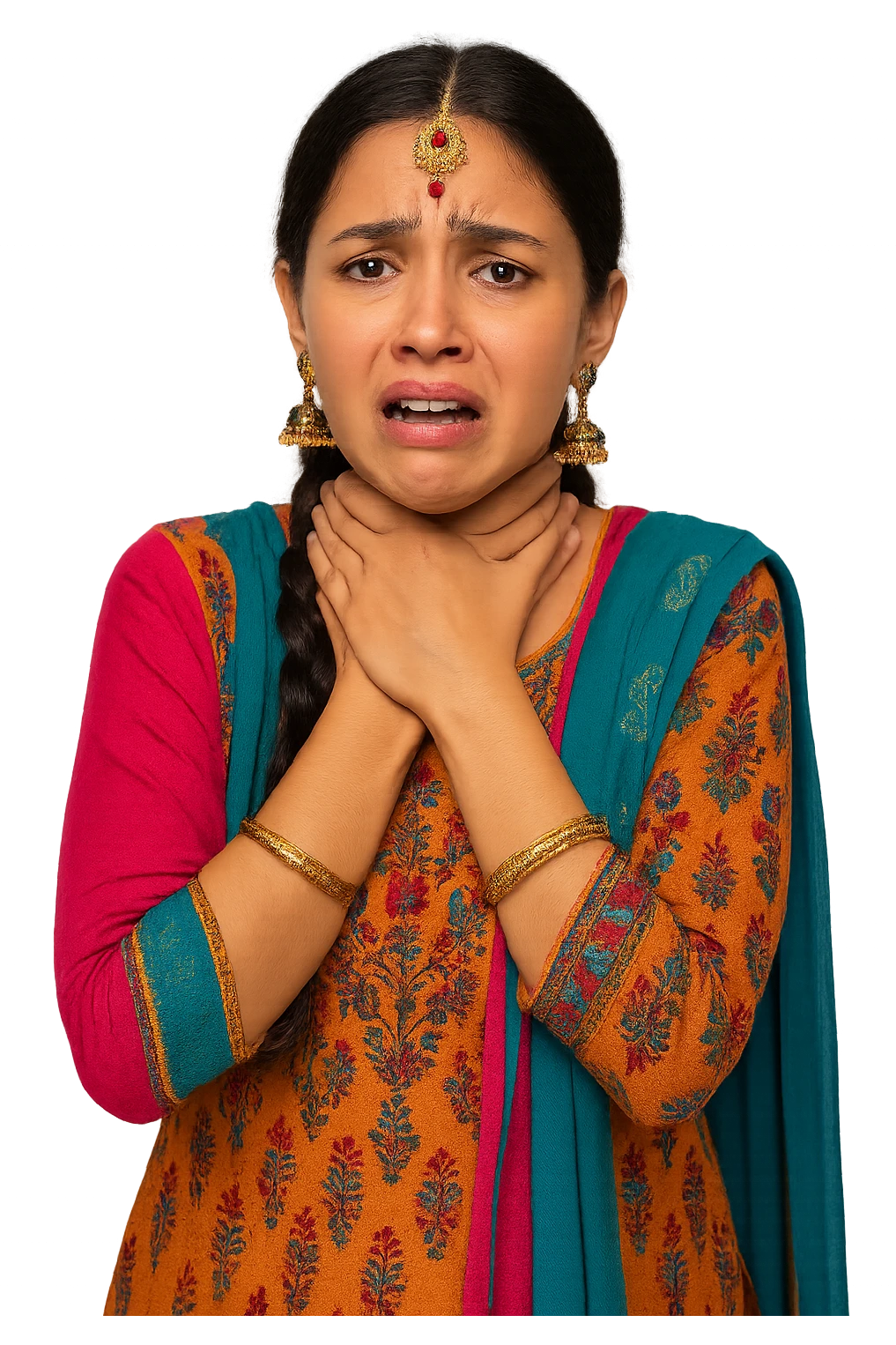 A young woman in salwar kameez, choking herself with both hands, distressed expression, traditional jewelry, colorful, no background emoji