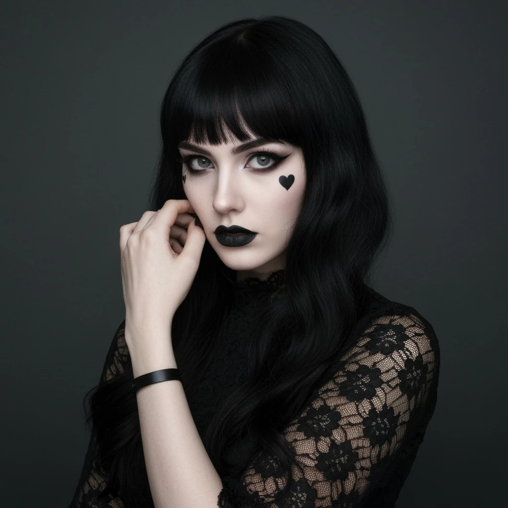 goth profile picture with a heart accent, cute, expressive, minimal, variation 3 emoji