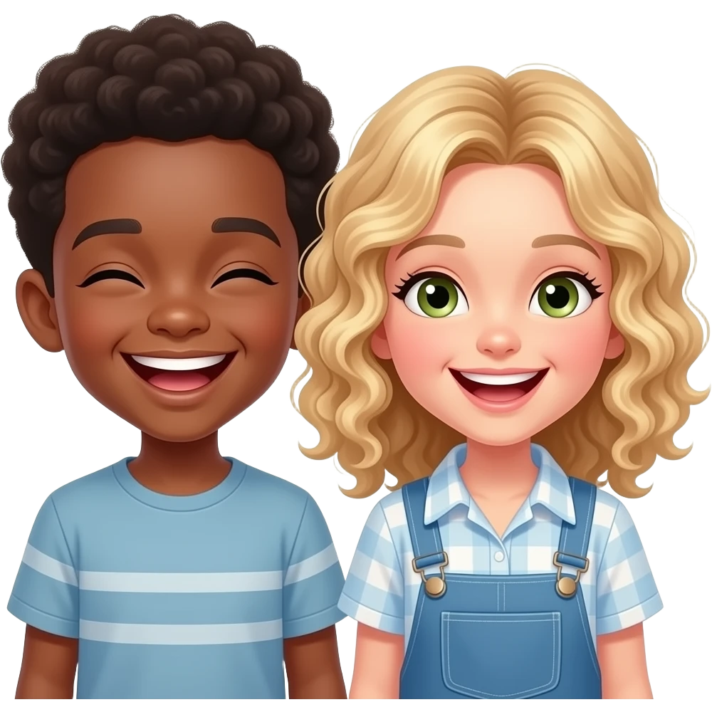 Chico negro joven riendo a carcajadas y chica blanca rubia pelo rizado ojos verdes miel también riendo a carcajadas emoji