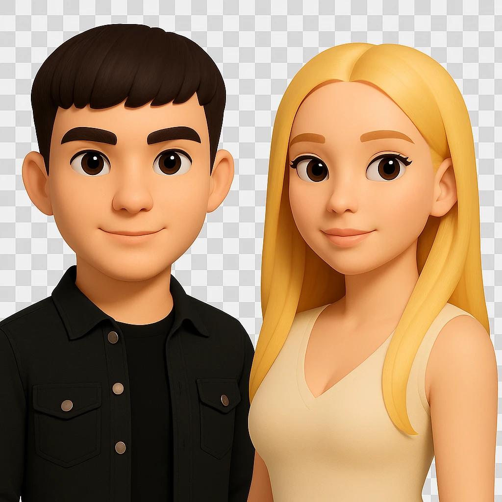 Slightly increase the volume of the upper body of the girl, separate the girl and the boy from each other, make the skin color the same for both. Maintain the cartoonish 3D style. Keep the background transparent. The original style is cartoonish 3D style, please respect that look while editing. emoji