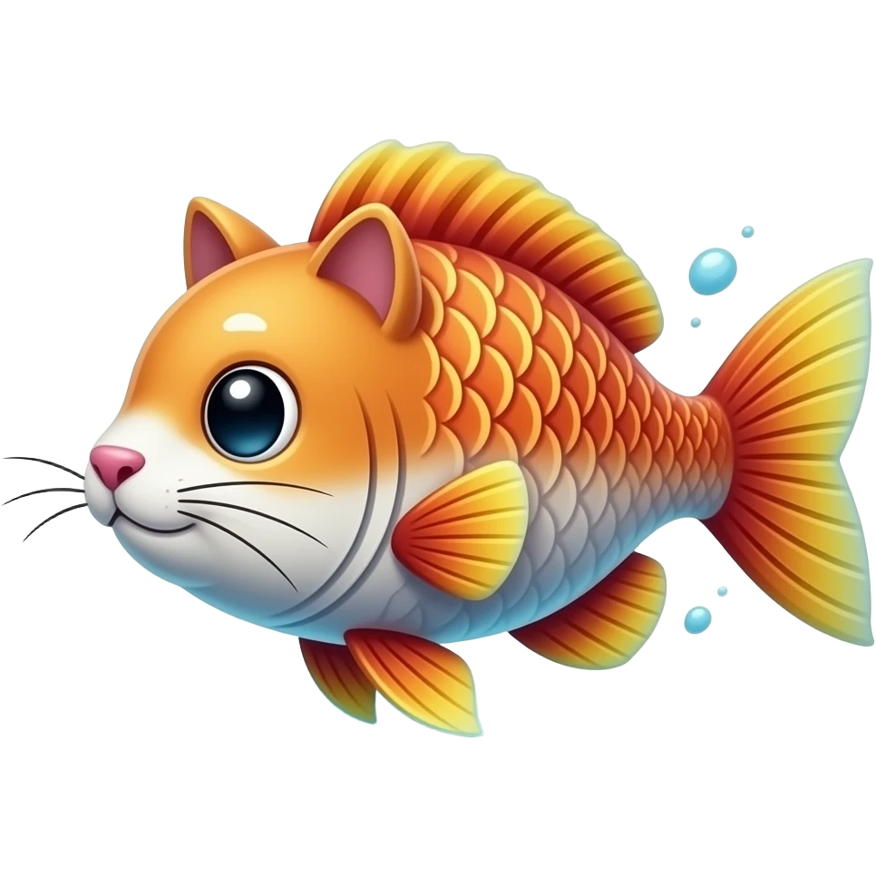 A humorous, exaggerated literal interpretation of “Catfish”. 
A fish with cat features like whiskers and ears swimming in water. 
Cartoonish, playful, colorful, 3D illustration, funny concept. 
Clean background, center composition, no text, no watermark. emoji